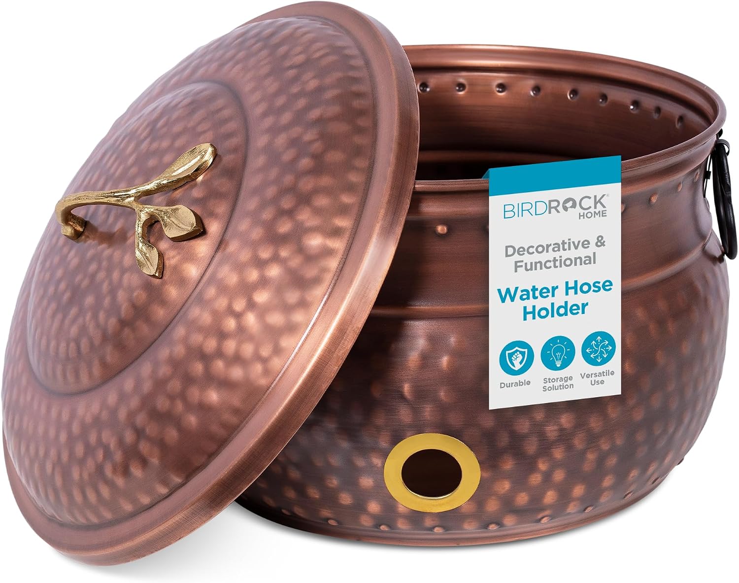 BIRDROCK HOME Water Hose Holder with Lid | Ground Garden Hose Pot | Decorative | Handle | Embossed | Steel Metal with Copper Accents | Outdoor or Indoor Use