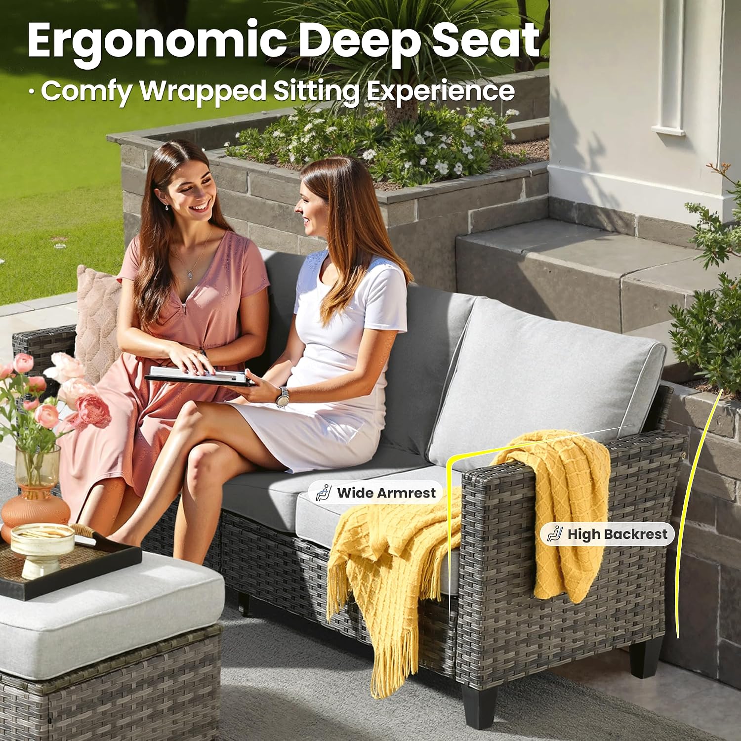 ovios 6 Pieces Patio Furniture Set, Outdoor Wicker Sofa Couch with Rocking Swivel Chairs Comfy Cushions, Modern Deep Seat Rattan Conversation Sets for Deck Porch, Grey