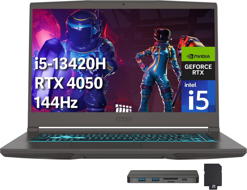 msi Thin 15 15.6' FHD 144Hz Gaming Laptop, Intel i5-13420H, NVIDIA GeForce RTX 4050, 64GB DDR4 RAM, 2TB PCIe SSD, Backlit Keyboard, Wi-Fi 6E, Webcam, Win 11 Pro, Gray, 256GB Docking Station Set