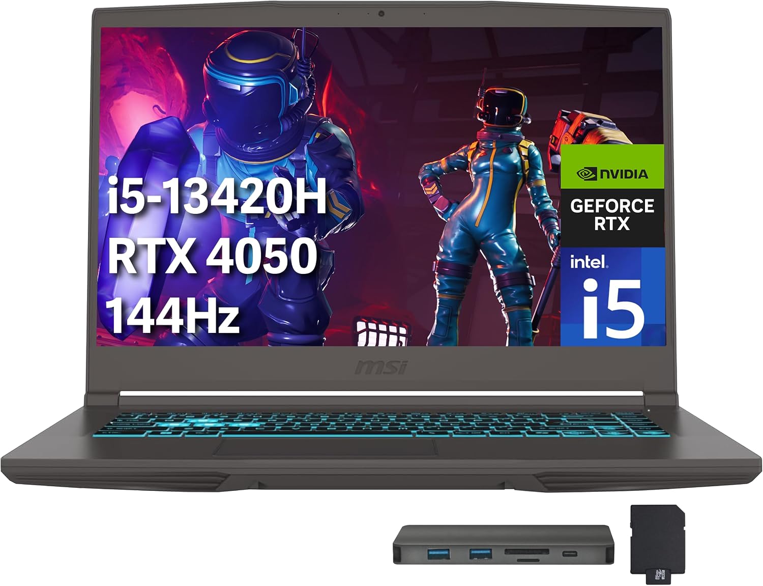 msi Thin 15 15.6' FHD 144Hz Gaming Laptop, Intel i5-13420H, NVIDIA GeForce RTX 4050, 64GB DDR4 RAM, 2TB PCIe SSD, Backlit Keyboard, Wi-Fi 6E, Webcam, Win 11 Pro, Gray, 256GB Docking Station Set