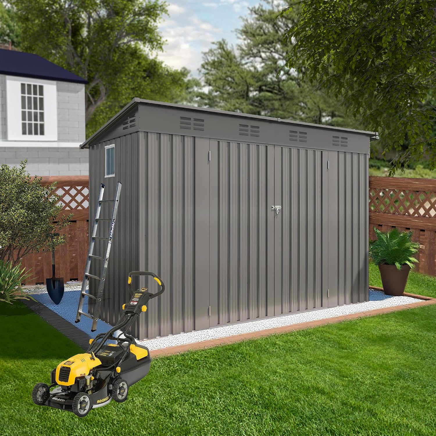 YOPTO 4x9 FT Outdoor Storage Shed W/Window,Metal Shed W/Lockable Door,Garden Tool Storage House W/ 6 Air Vents & Sloped Roof,for Backyard,Patio,Lawn,Gray