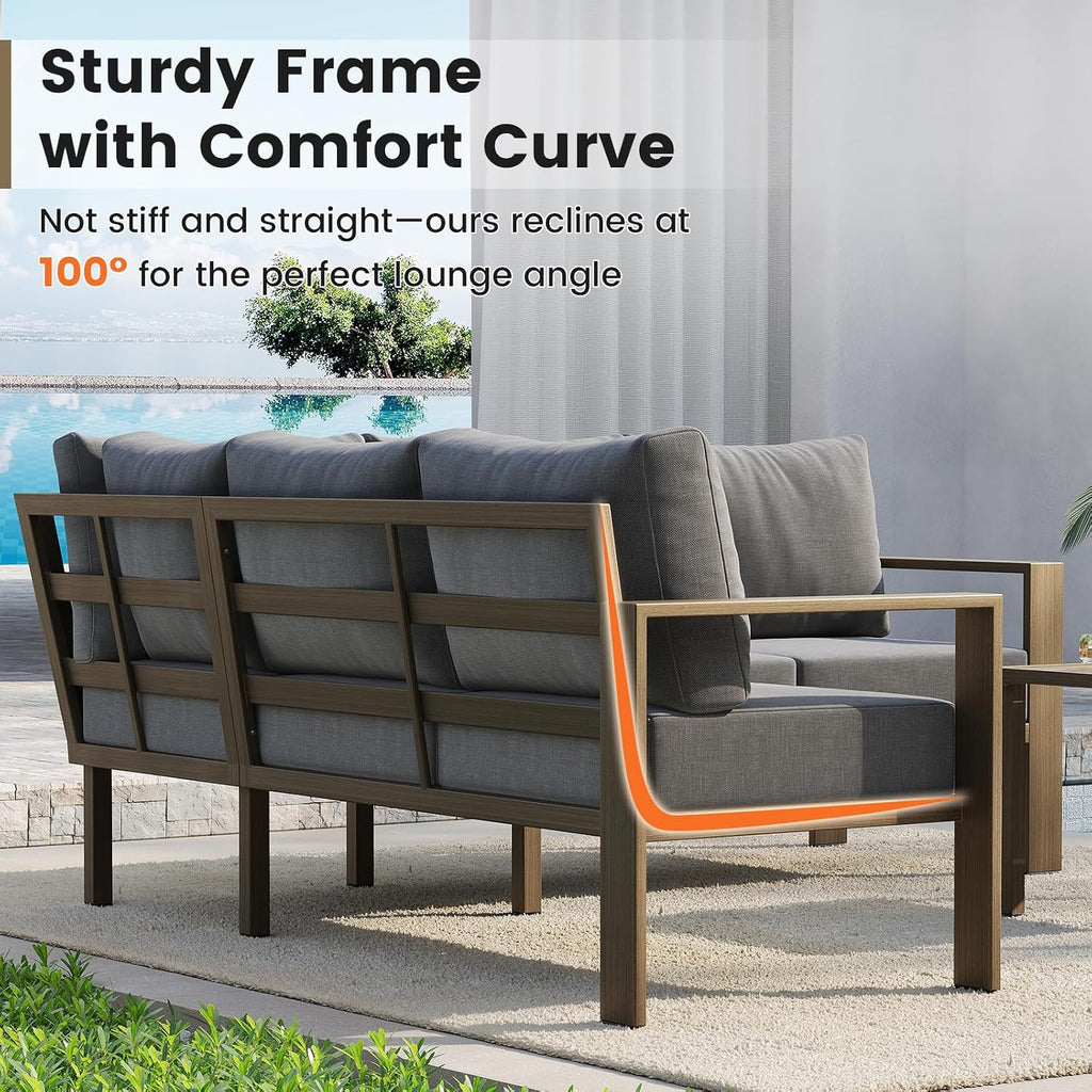 UDPATIO 6 Piece Patio Furniture Set, Faux Wood Metal Outdoor Sectional Sofa with 6' Thick Olefin Cushions, Wide Armrest & Coffee Table, L Shaped Outdoor Furniture for Garden, Backyard Dark Grey