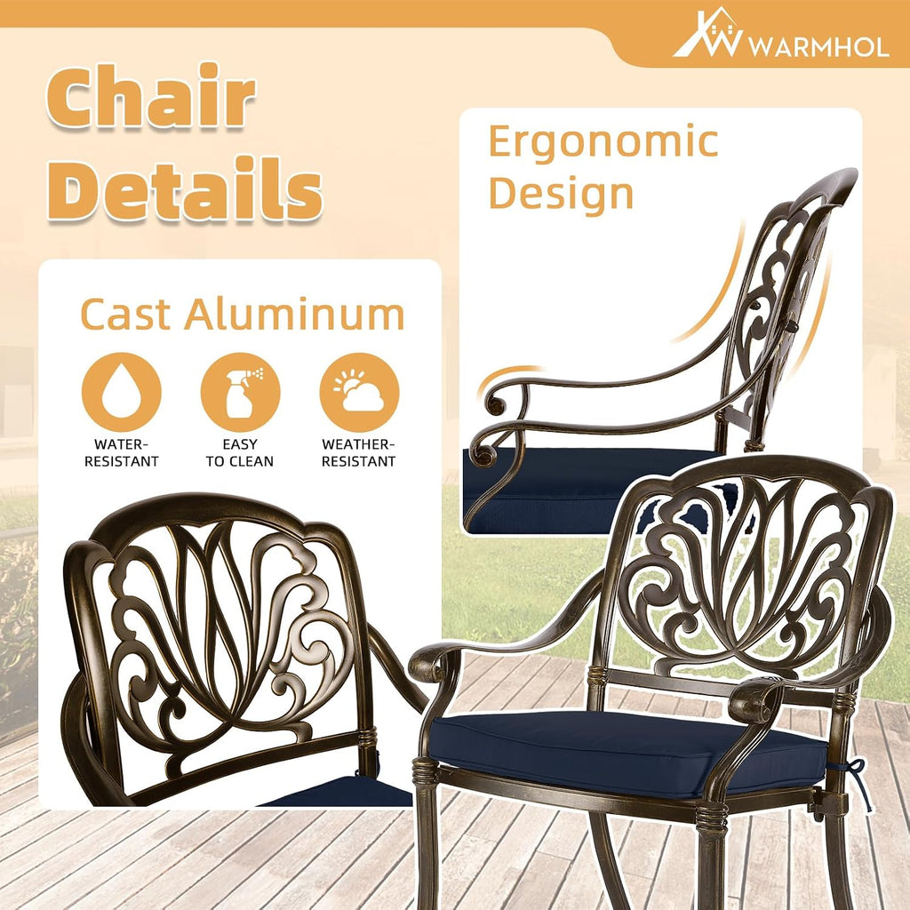 5-Piece Outdoor Patio Dining Set, All-Weather Cast Aluminum Patio Furniture Set for Backyard Garden Deck with 4 Chairs, 4 Cushions and 35.4' Round Table, 2' Umbrella Hole, Navy