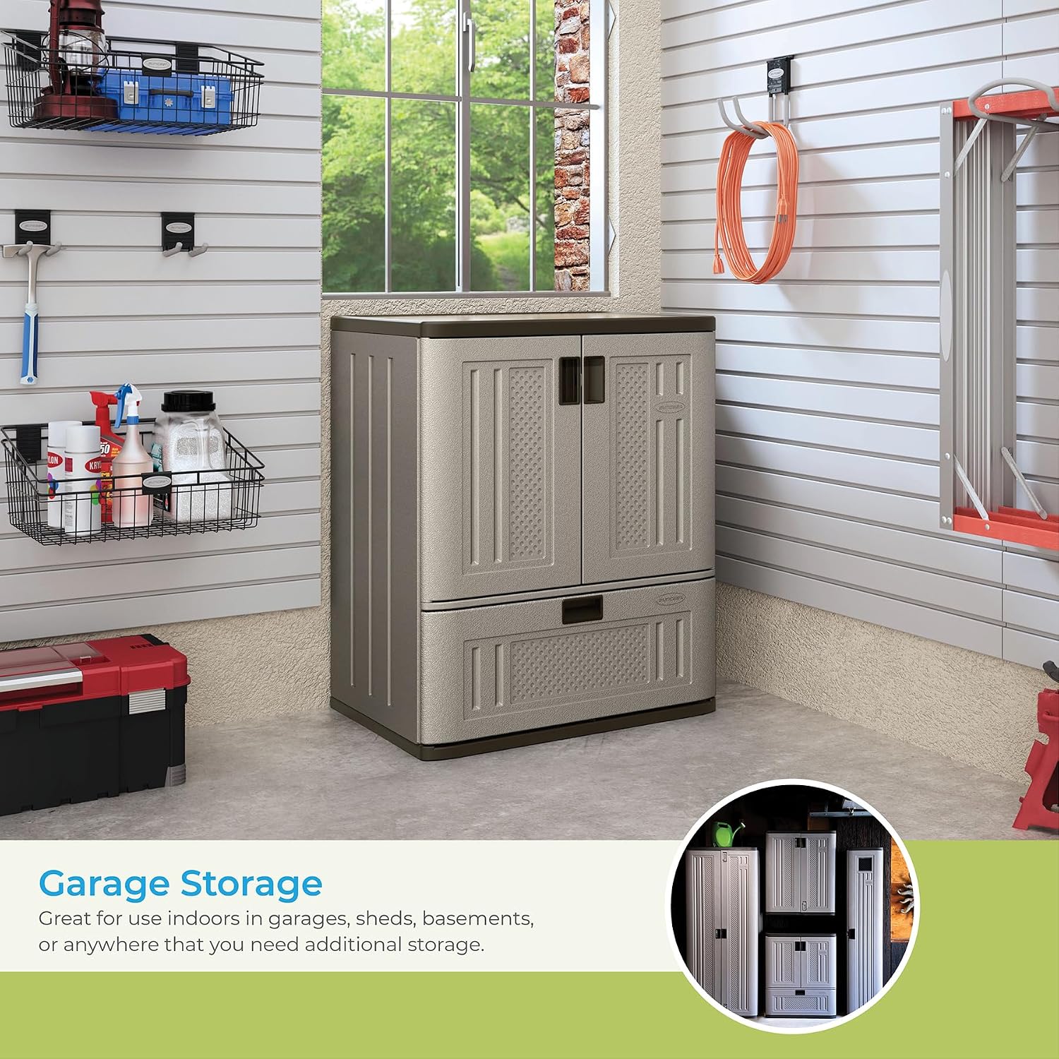 Suncast Indoor Resin Single-Drawer Storage Cabinet, Platinum Metallic, Made in the USA