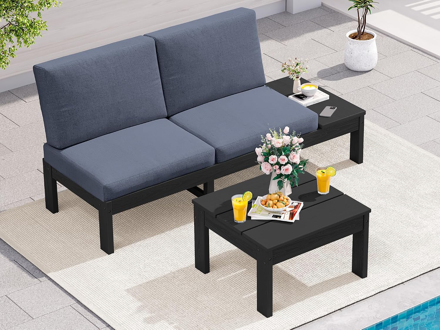 SERWALL HDPE Outdoor Furniture Set, 2 Seats Outdoor Sectional with Coffee Table, All Weather Patio Sofas, Outdoor Conversation Sets with Adjustable Backrest Sofa for Backyard, Garden, Black with Grey