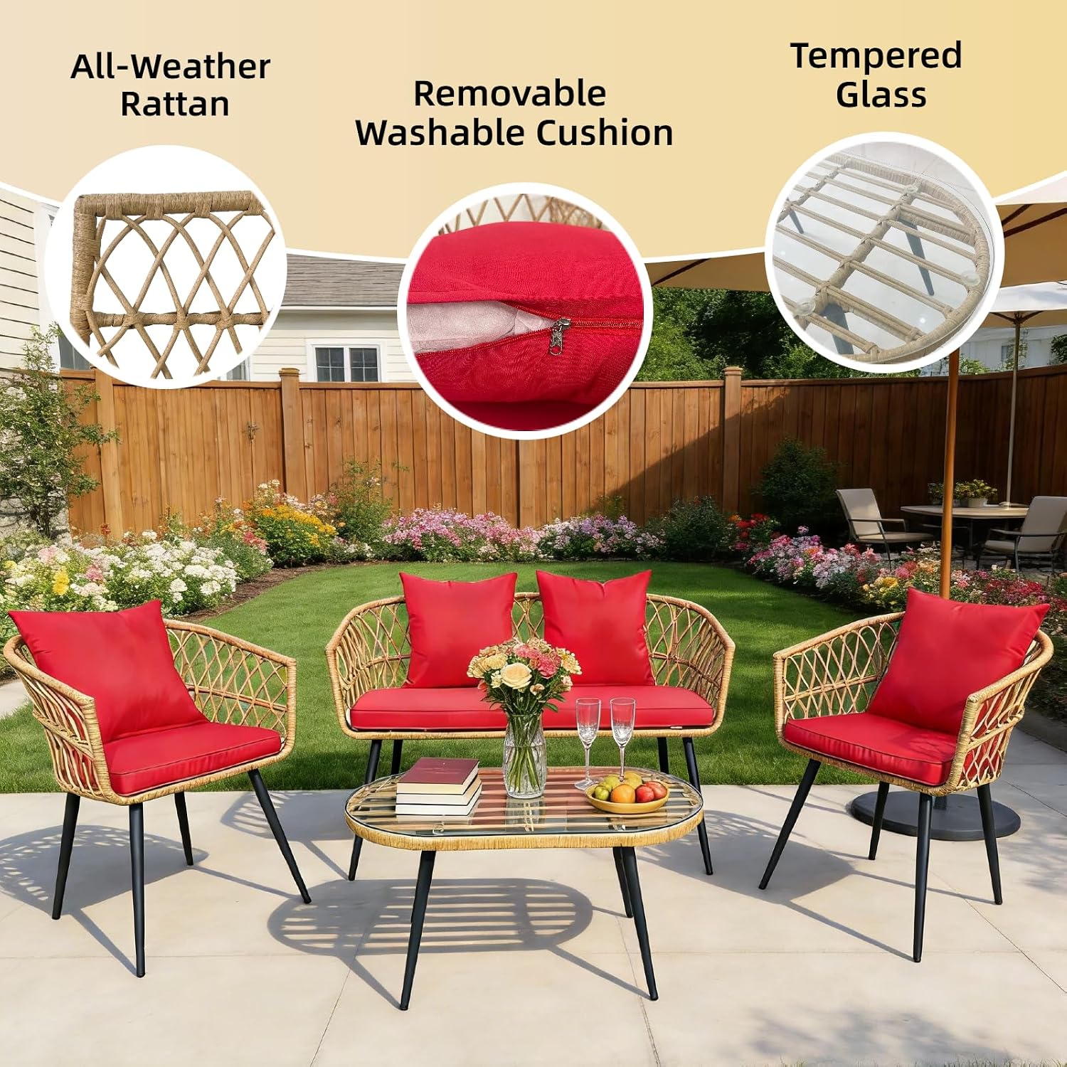 4 Piece Patio Furniture Set,Outdoor Conversation Set with Wicker Sofa, 2 Rattan Chairs and Glass Table, Patio Bistro Set with All Weather Cushions, for Garden, Porch, Backyard (Red)
