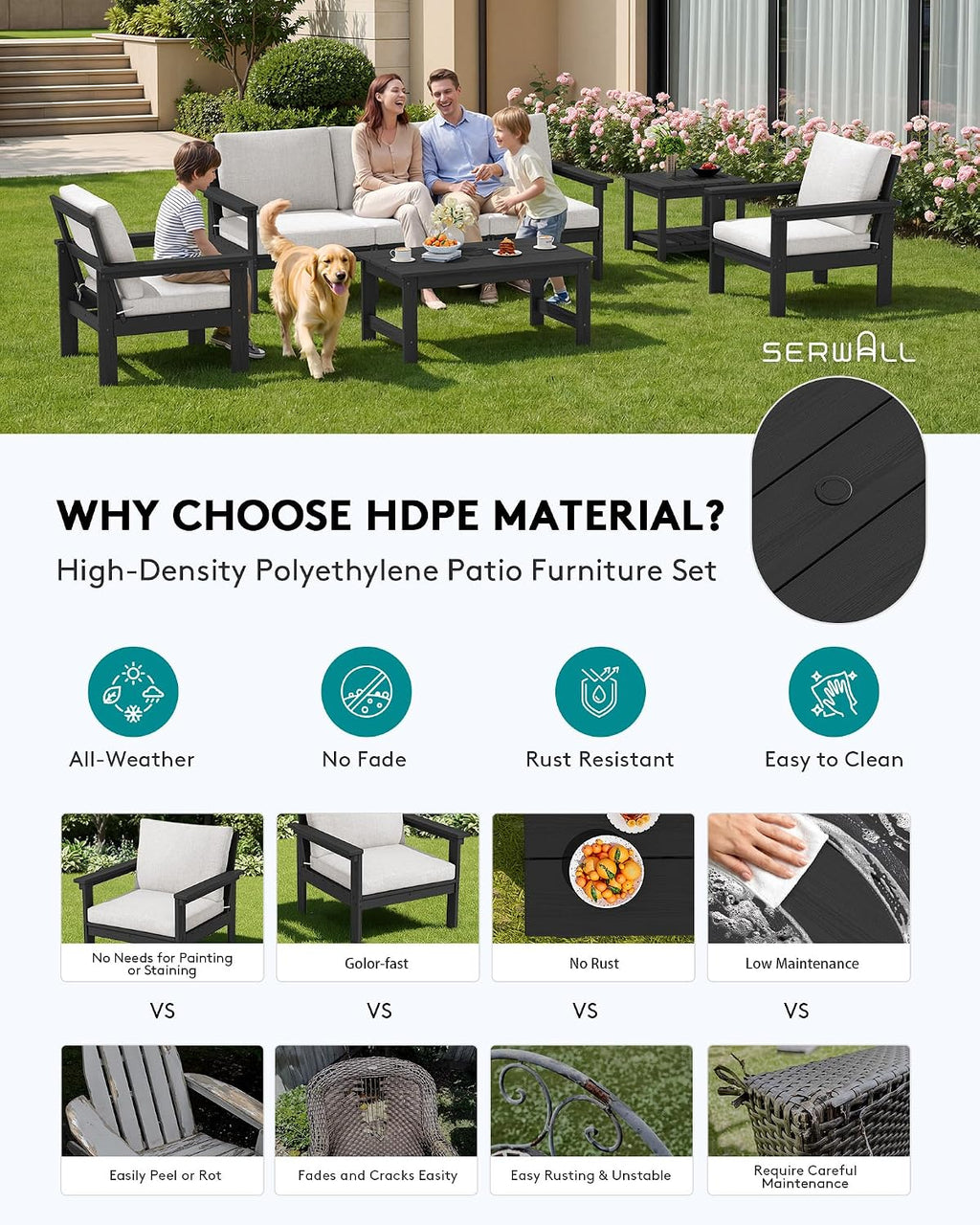 SERWALL HDPE Patio Furniture Set, 7-piece Outdoor Sectional Sofa Set, All Weather Outdoor Couch Set for Deck, Lawn, Black Frame with Khaki Cushion