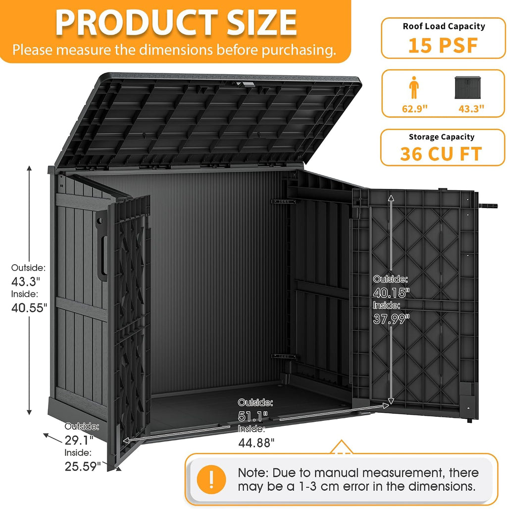 LHBcraft Outdoor Storage Cabinet 36 Cu Ft with Lockable Doors, Portable Horizontal Resin Storage Shed - Easy to Assemble, Waterproof Small Storage Shed with Floor Black
