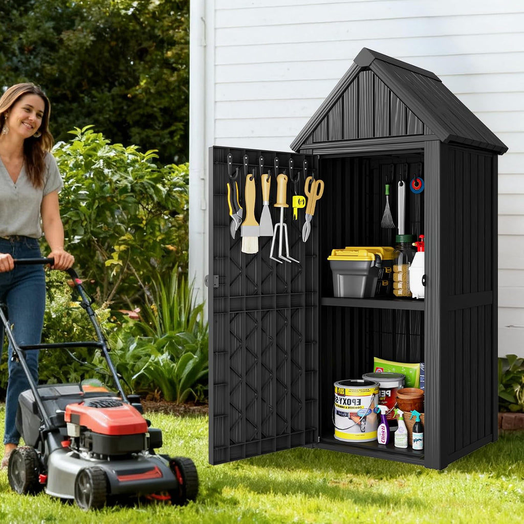 Outdoor Resin Storage Shed, Outdoor Storage Cabinet Waterproof with Hooks and Lock Ring, Multifunctional Storage Shed with Floor and Removable Shelves, All Weather Tool Shed for Patio, Lawn, Gray