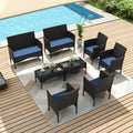 Gotland 8 Pieces Patio Furniture Set, Wicker Outdoor Furniture with 4 Chairs 2 Loveseats 2 Glass Coffee Tables, Weather-Resistant Patio Set, Conversation Set for Backyard Pool Porch Navy