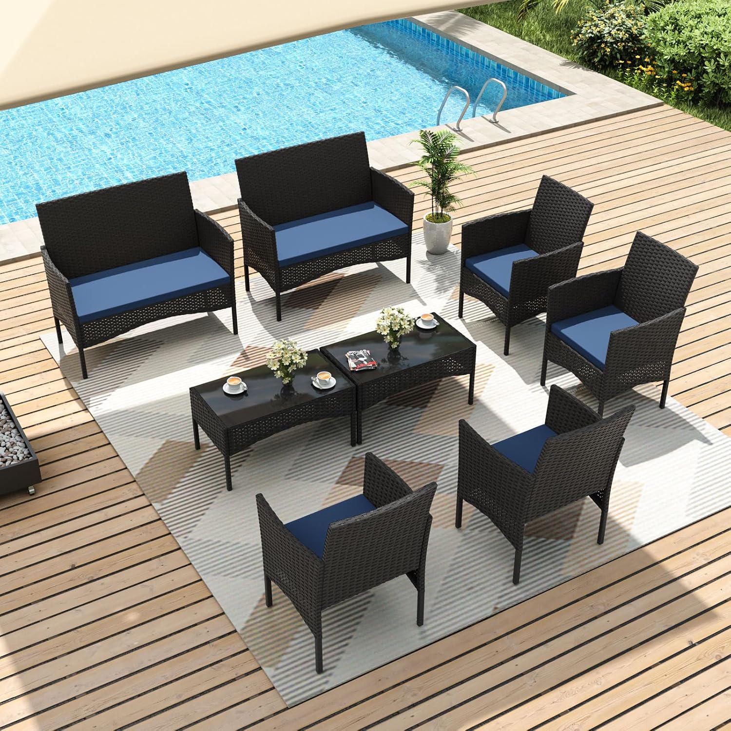 Gotland 8 Pieces Patio Furniture Set, Wicker Outdoor Furniture with 4 Chairs 2 Loveseats 2 Glass Coffee Tables, Weather-Resistant Patio Set, Conversation Set for Backyard Pool Porch Navy