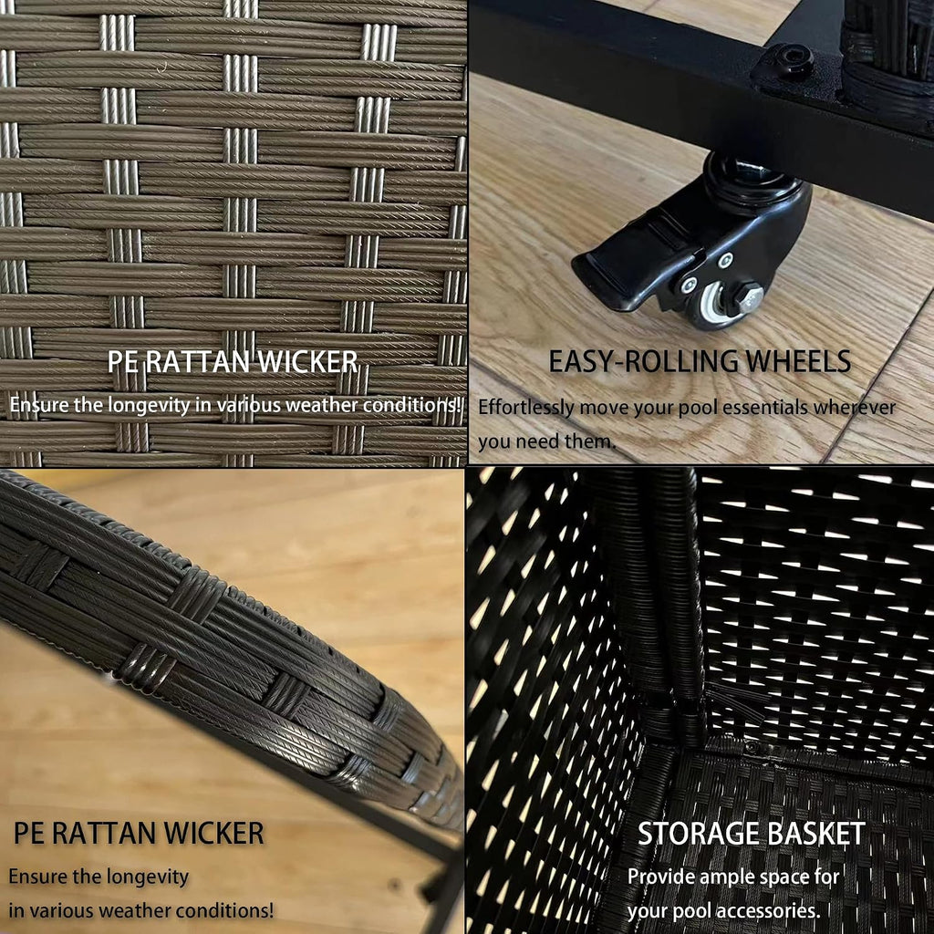 EUNHOO Rolling Poolside Float Storage, Pool Storage Bin, Outdoor Storage Organizer PE Rattan Pool Towel Rack for Floaties, Pool Accessories and Patio furniture Black