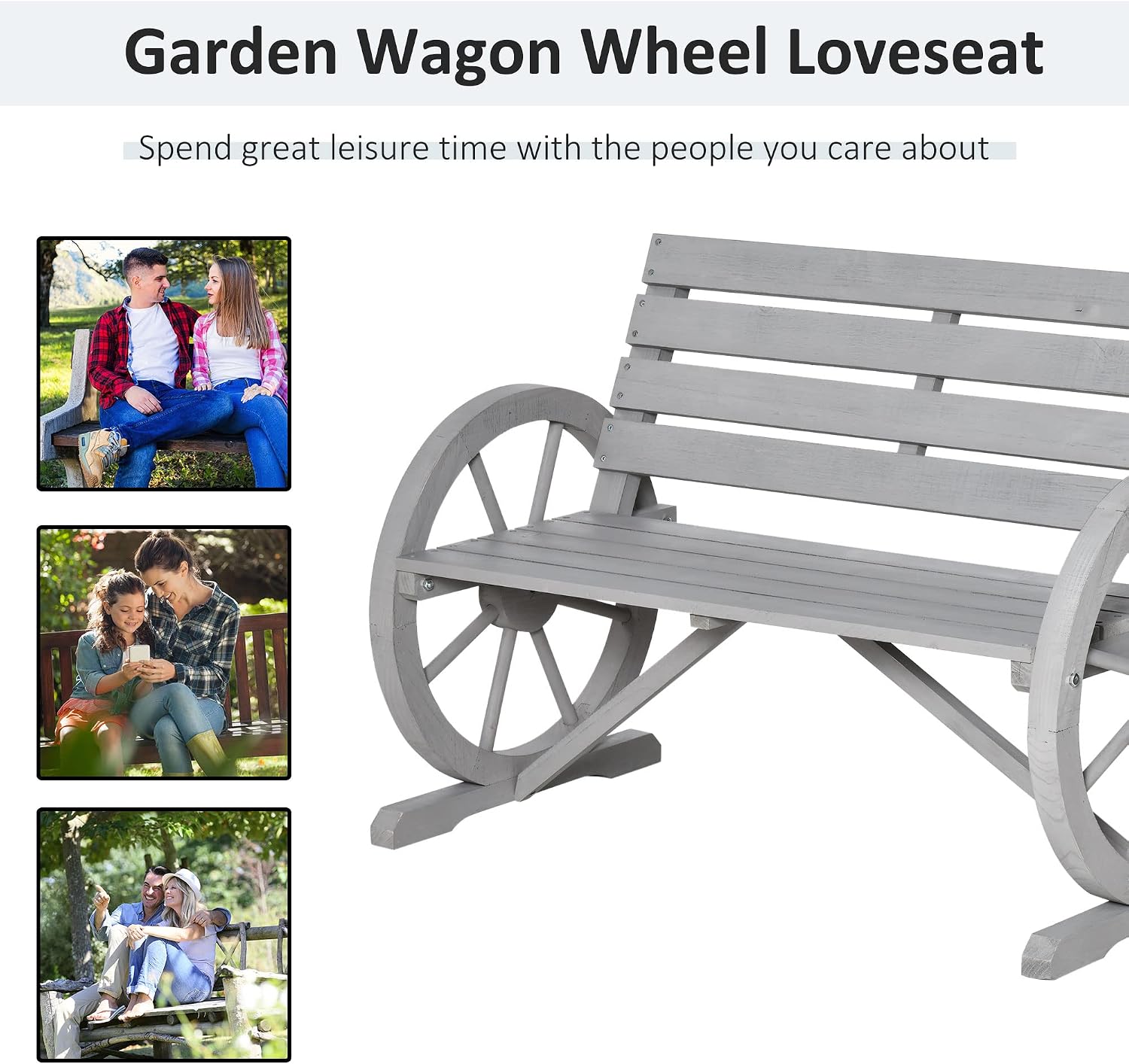 Outsunny 41' Wooden Wagon Wheel Bench, Rustic Outdoor Patio Weather Resistance Furniture, 2-Person Slatted Seat Bench with Backrest, Light Gray