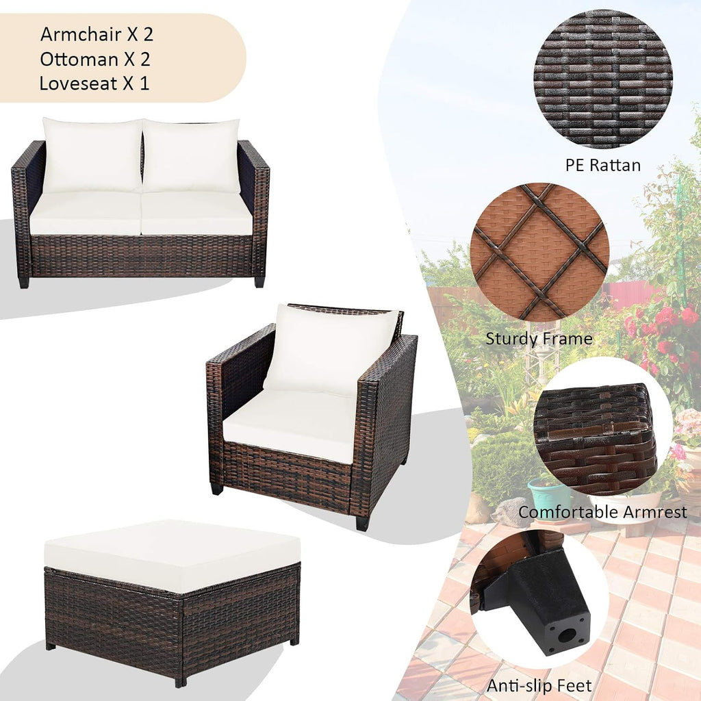 Tangkula 5 Pieces Rattan Patio Furniture Set, Outdoor Sectional Wicker Sofa Set with Loveseat, 2 Single Sofas, 2 Ottomans & Removable Cushion, Outside Daybed Sofa for Yard, Garden, Poolside, Off White