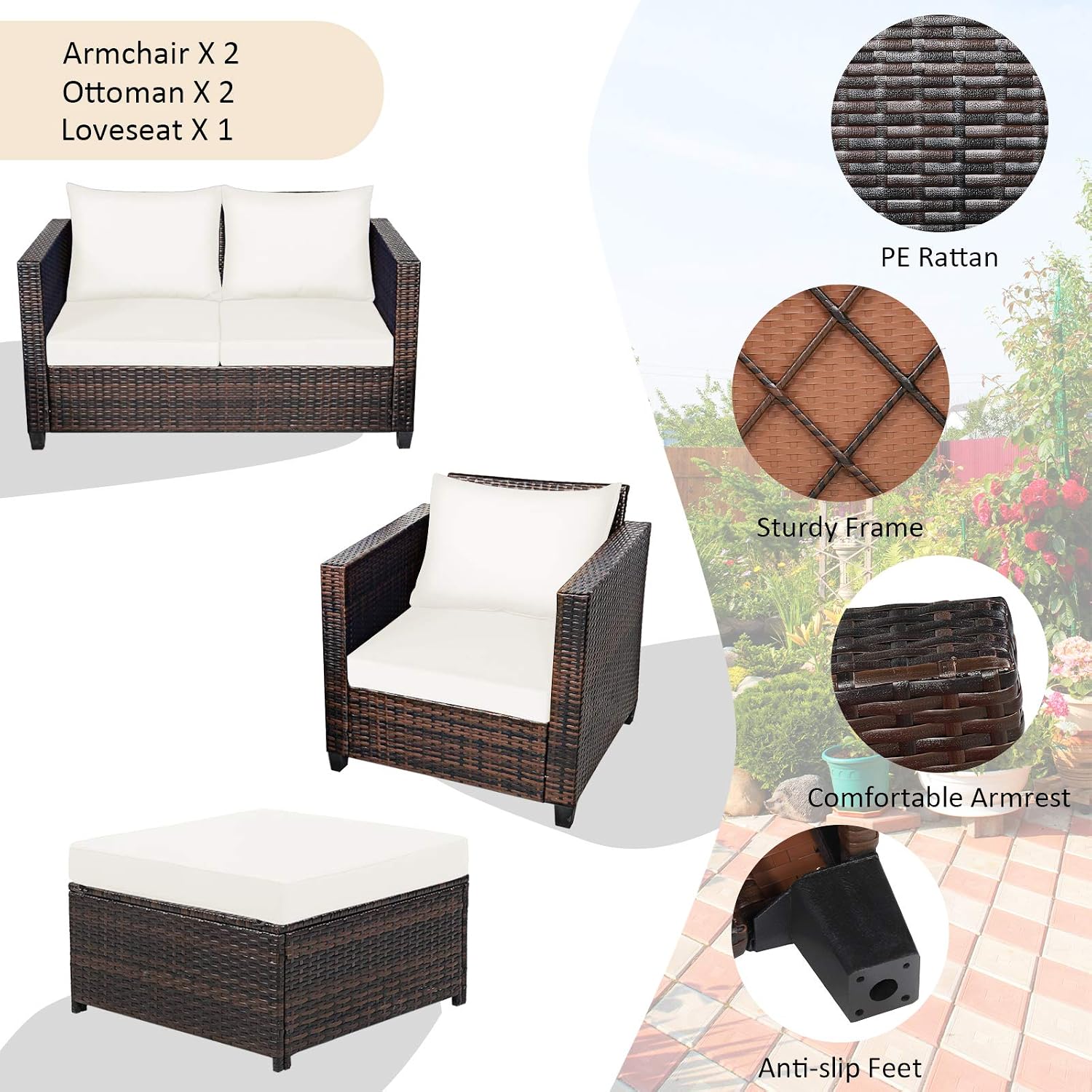 Tangkula 5 Pieces Rattan Patio Furniture Set, Outdoor Sectional Wicker Sofa Set with Loveseat, 2 Single Sofas, 2 Ottomans & Removable Cushion, Outside Daybed Sofa for Yard, Garden, Poolside, Off White