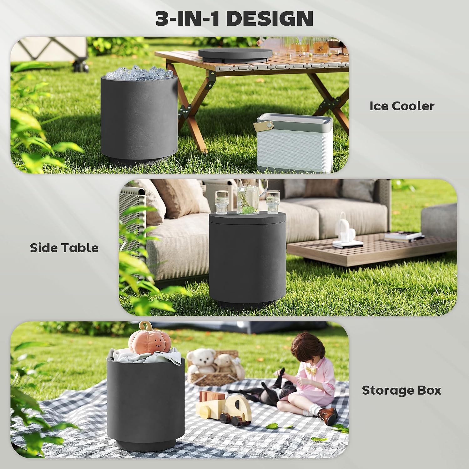HOMCOM 2.6 Gal Outdoor Cooler Side Table, 3-in-1 Cool Coffee Table with Storage, Removable Ice Bucket and Lid, Concrete Small Patio Table for Party, Poolside, Deck, Charcoal Gray