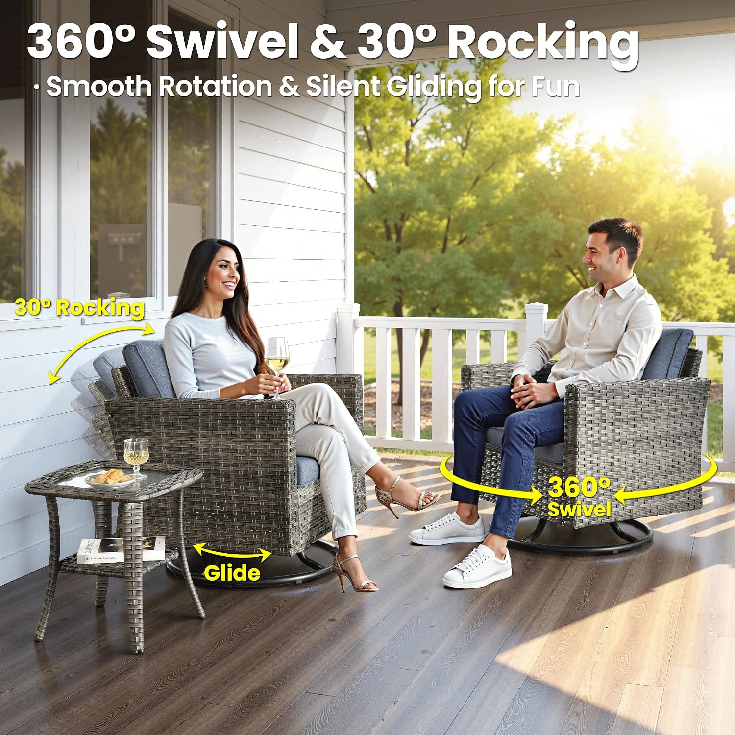 ovios 7 Pieces Patio Furniture Set, Outdoor Wicker Rattan Sofa Couch with Swivel Glider Chairs Loveseat Comfy Cushions Modern Conversation Set for Backyard Porch, Denim Blue