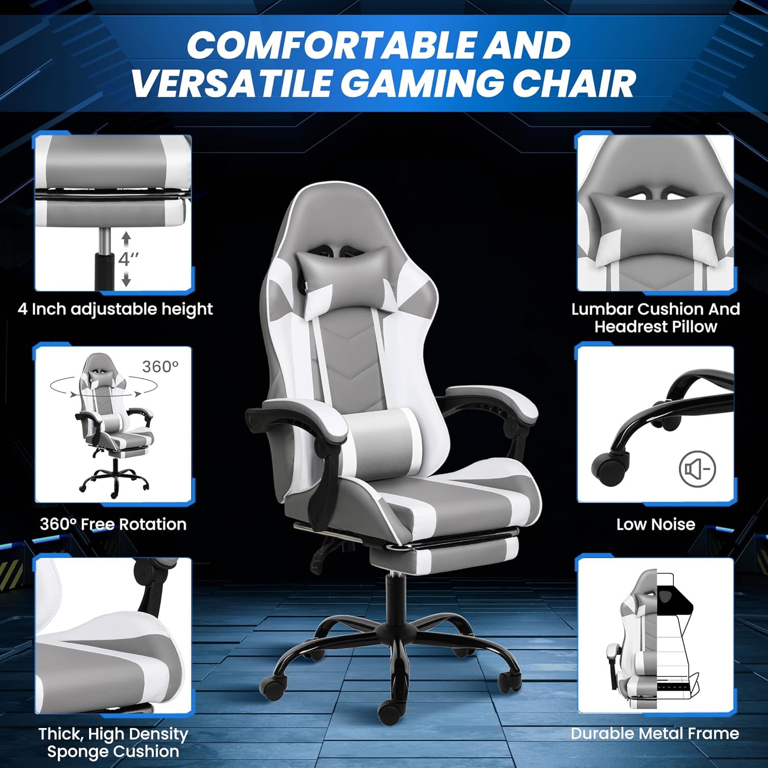 YSSOA Gaming Chair, Computer Chair with Footrest, Height Adjustable & 90°-135° Tilt Function, Swivel Recliner Ergonomic Racing Style Video Game Chair with Lumbar Support (Grey/White)