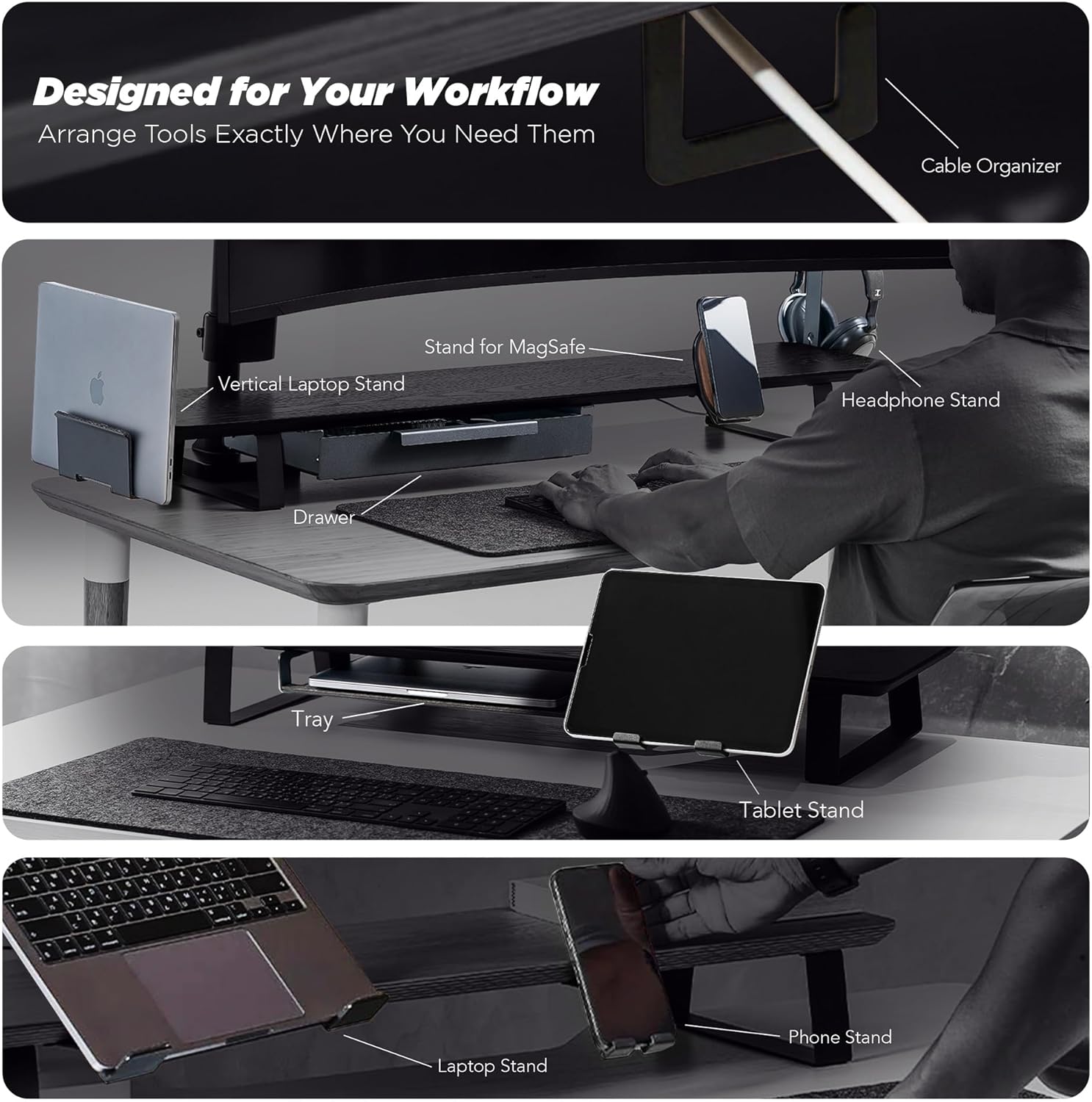 ULTRARM Moodular Wooden Monitor Stand 33.4' (85cm) Desk Organizer with Metal Slide Rails for Drawer, Tray, Laptop, Tablet, Phone & Headphones Customizable Riser for Organized Workspace Oak MS85-O