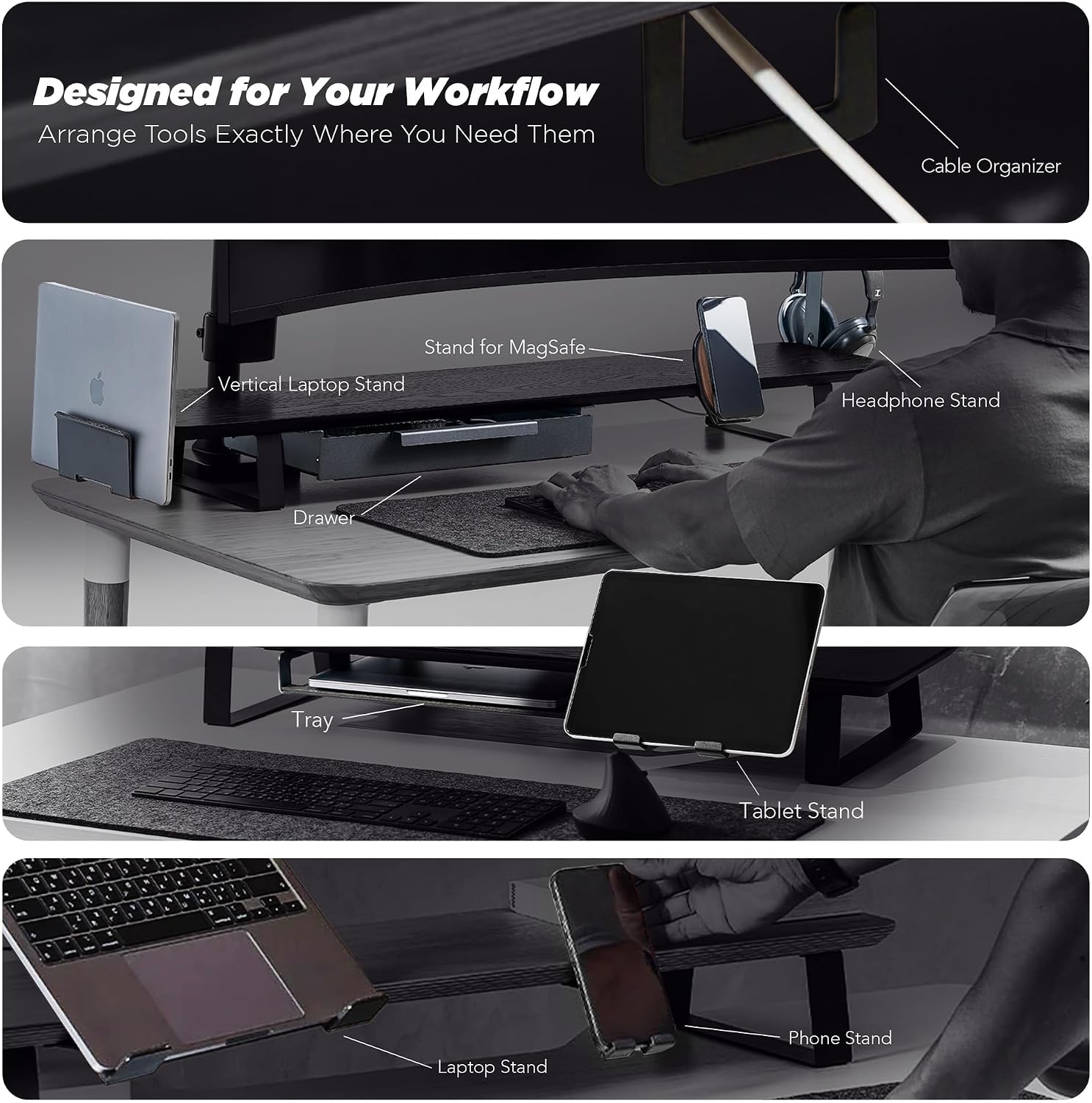 ULTRARM Moodular Wooden Monitor Stand 45.6' (116cm) Large Desk Organizer with Metal Slide Rails for Drawer, Tray, Laptop, Tablet, Phone & Headphones Customizable Riser for Organized Workspace Oak