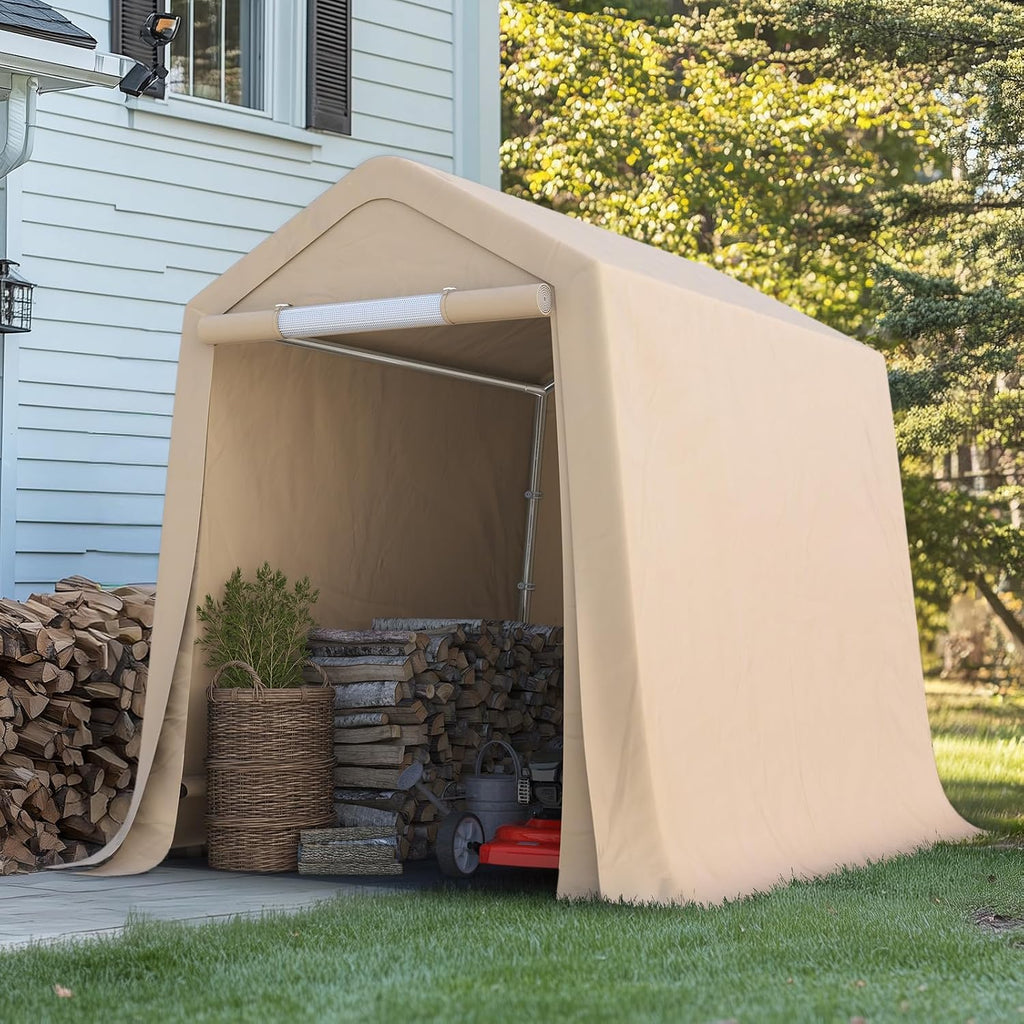 ADVANCE OUTDOOR 6x8 ft Outdoor Portable Storage Shelter Shed with 2 Roll up Zipper Doors & Vents Carport for Motorcycle Waterproof and UV Resistant Portable Garage Kit Tent, Beige