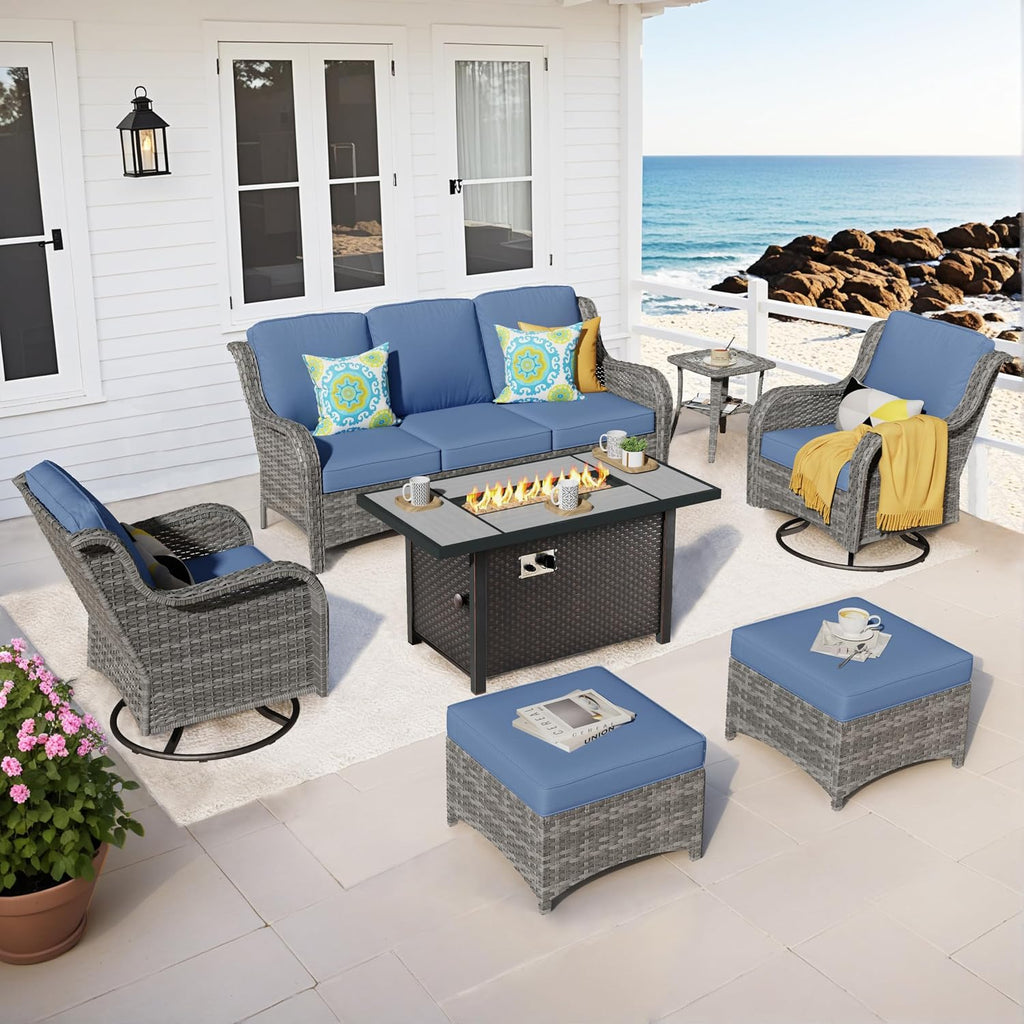 ovios 7 Pieces Patio Furniture Set with 42 inch Fire Pit Table, Outdoor Wicker Sofa Couch Swivel Rocking Glider Chairs, Modern Luxury Conversation Set, Grey Rattan, Denim Blue