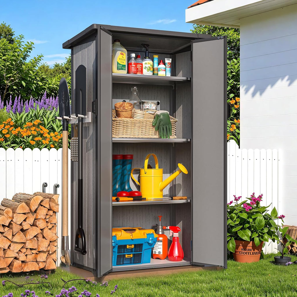 U-MAX Resin Outdoor Storage Cabinet Waterproof with Adjustable Shelves, Vertical Tall Plastic Storage Shed with Reinforced Floor, All Weather Sheds & Outdoor Storage Clearance with Base for Outside