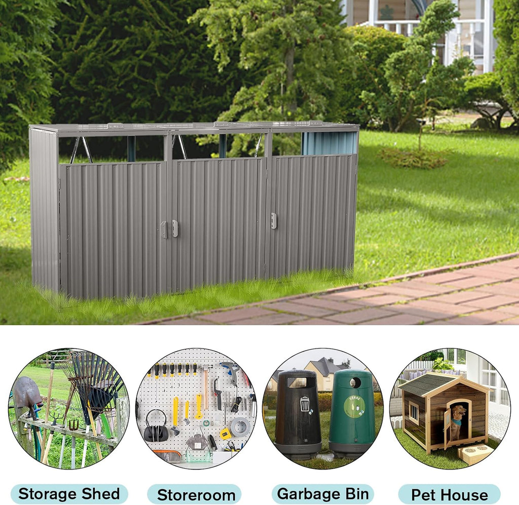 Outdoor Trash Can Storage, Garbage Bin Shed Stores, Trash Can Storage Cabinet Outside, Metal Outdoor Storage Shed for Garbage Cans, Garden Accessories, Backyard, and Patio Use, Lockable, Light Grey