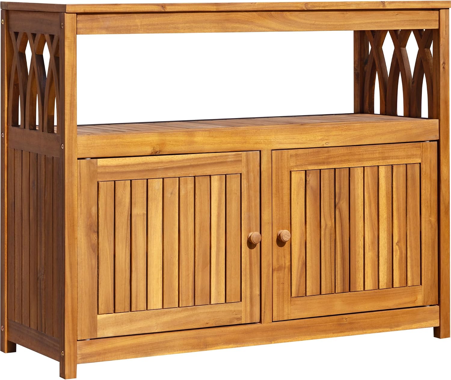 Greesum 2-Tier Outdoor Storage Cabinet in Acacia Wood, with 2 Magnetic Doors, for Garden, Picnic, Buffet, TV Stand, or Bar Table, Light Brown