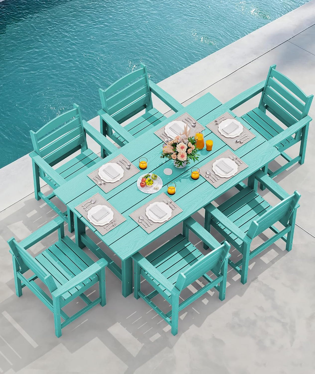SERWALL 8-Piece Patio Dining Sets with 15FT Double Side Patio Umbrella, Outdoor HDPE Dining Furniture Set with Umbrella Hole Cut-Out Table and 6 Chairs, Aruba（Umbreall Base not Included）