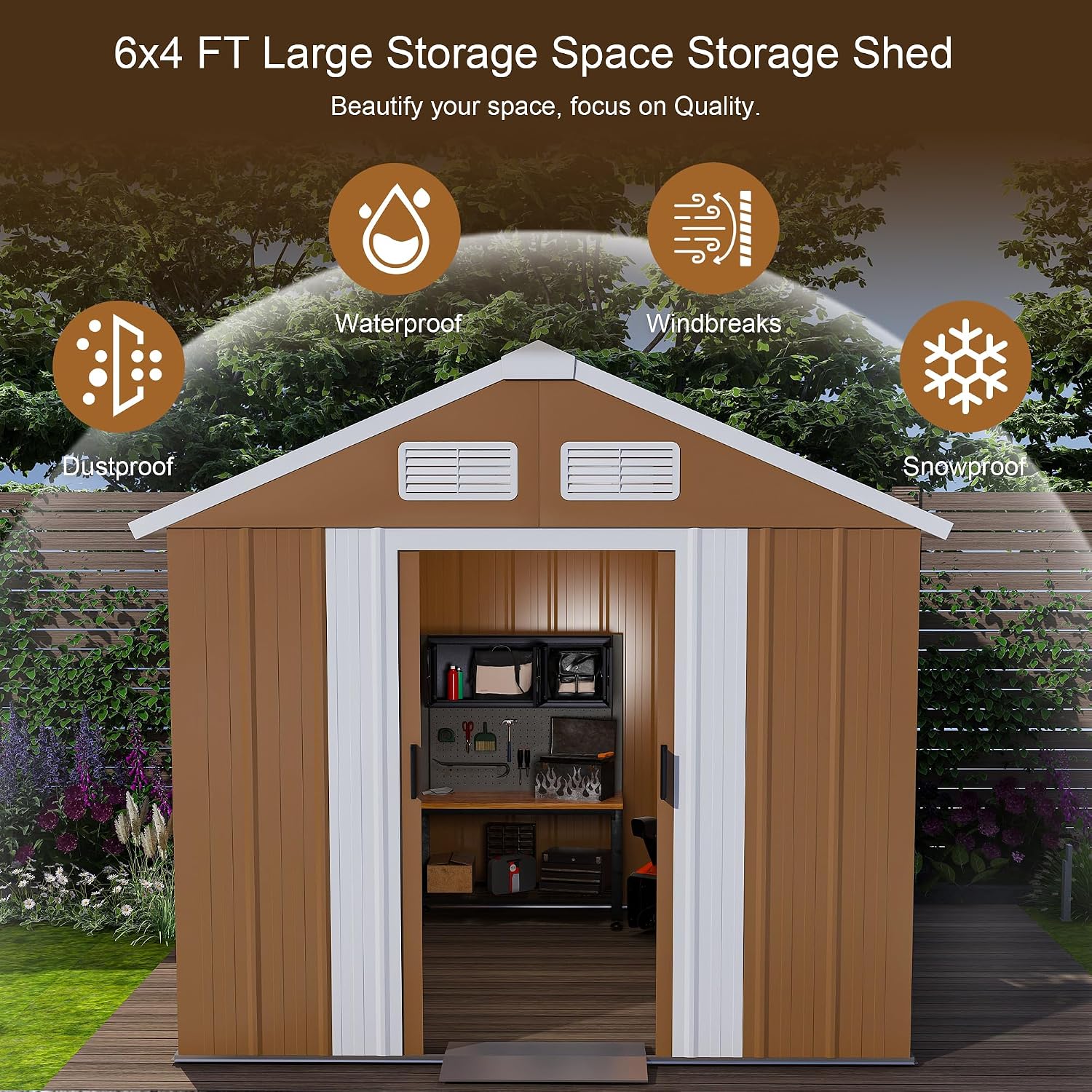 YOPTO 6X4 FT Heavy-Duty Metal Storage Shed with Windows,Waterproof Sheds & Outdoor Storage w/Rolling Door Lockable Door & Ventilation,Tool Organization,Sloped Roof,4-Season Ready,Brown