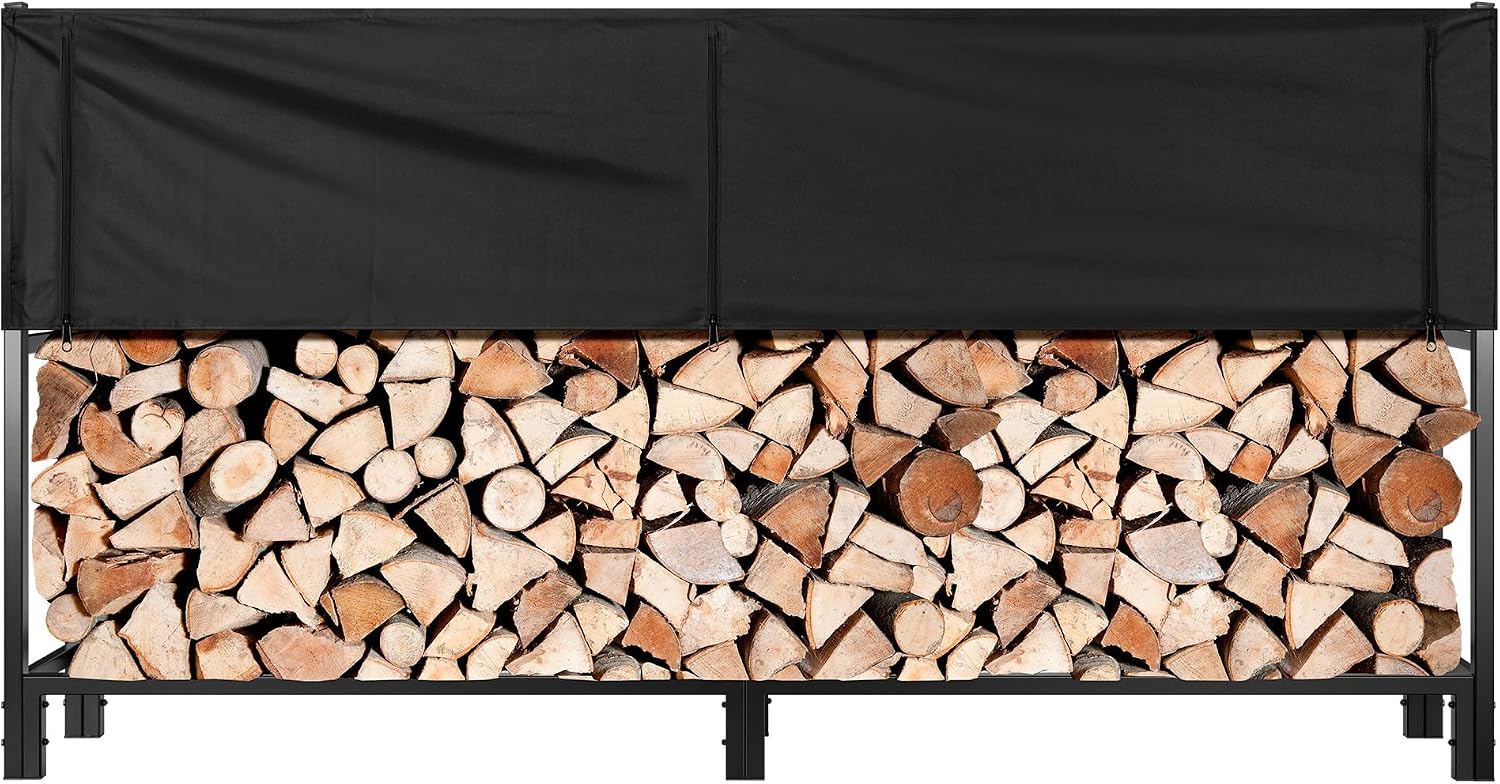 VIVOHOME Upgraded Heavy Duty 8 ft 1/2 Cord Firewood Rack Outdoor with Cover Combo Set, Thick Steel Log Holder Up to 3300 lb, Fire Wood Pile Storage Stand Organizer Black