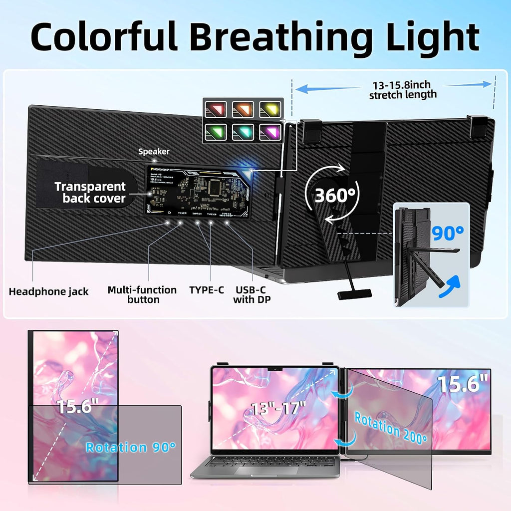 Laptop Screen Extender Dual Monitor - 15.6' Portable Monitor Detachable IPS 1080P FHD 85% NTSC Travel Screen USB-C HDMI Port Compatible with Wins Mac Chrome Dex Fits 13-17' Laptops