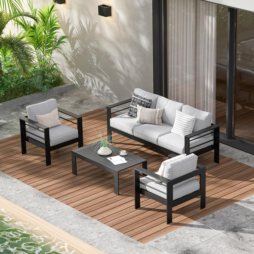 Wisteria Lane Aluminum Patio Furniture Set for All Weather, Oversized Metal Outdoor Furniture Set with 27.5' Deep Seat and 10' Back Cushion, Patio Conversation Sets with Wide armrest, Light Gray