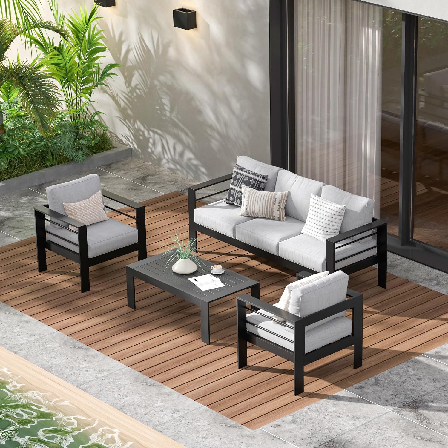 Wisteria Lane Aluminum Patio Furniture Set for All Weather, Oversized Metal Outdoor Furniture Set with 27.5' Deep Seat and 10' Back Cushion, Patio Conversation Sets with Wide armrest, Light Gray
