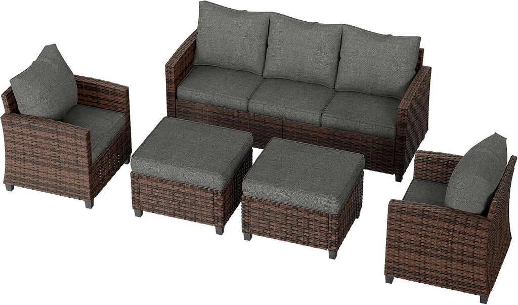 UDPATIO Patio Conversation Set, 5 Pieces Outdoor Furniture Set, All-Weather Wicker Rattan High Back Outdoor Sectional Sofa Set with Ottoman for Poolside, Backyard, Brown Wicker Dark Grey Cushions