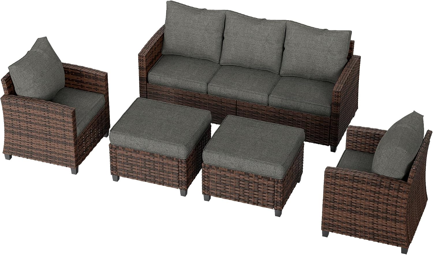 UDPATIO Patio Conversation Set, 5 Pieces Outdoor Furniture Set, All-Weather Wicker Rattan High Back Outdoor Sectional Sofa Set with Ottoman for Poolside, Backyard, Brown Wicker Dark Grey Cushions