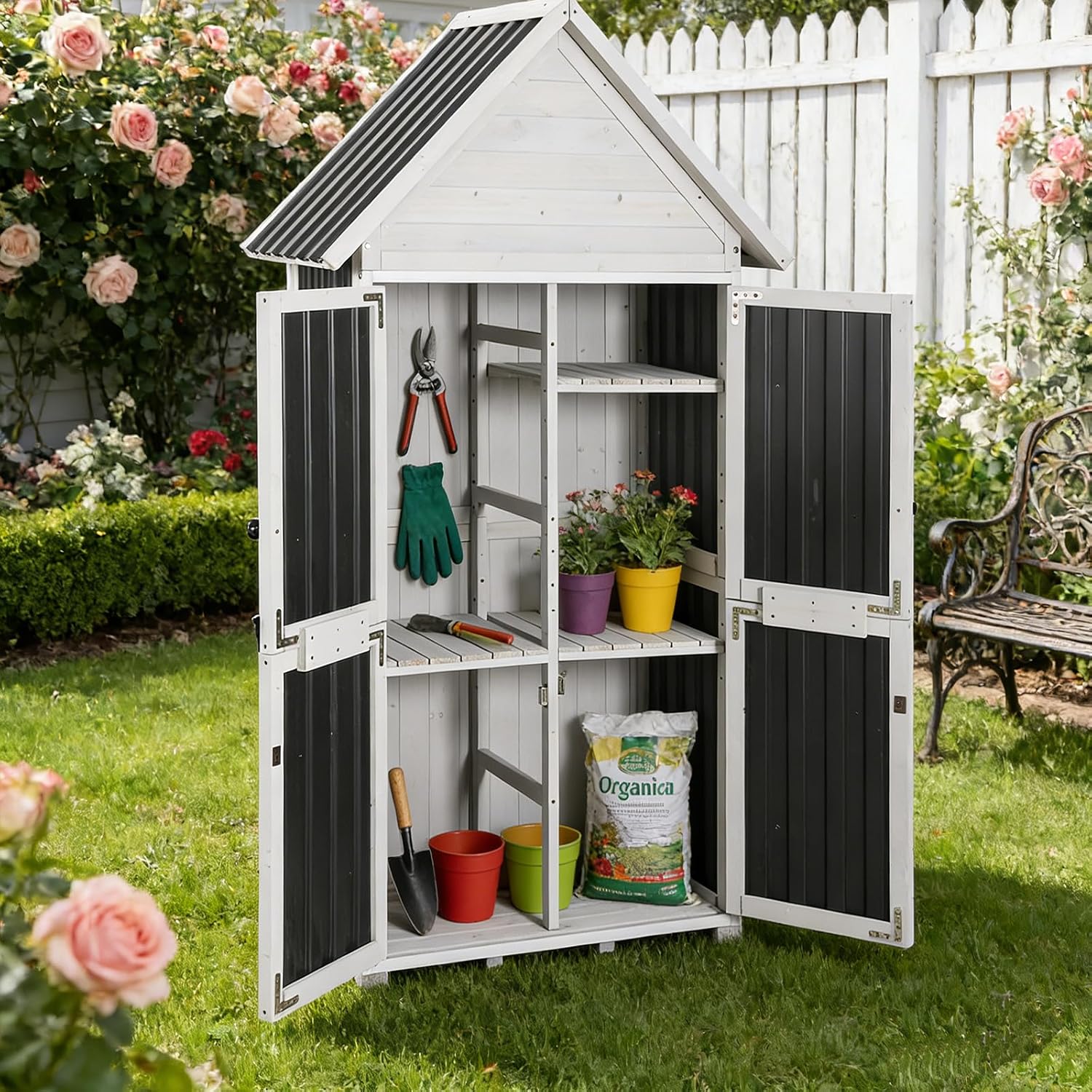 Outdoor Storage Shed Cabinet Strong Iron Frame Surrounding Garden Tool Storage with Adjustable Shelfs,Large Space