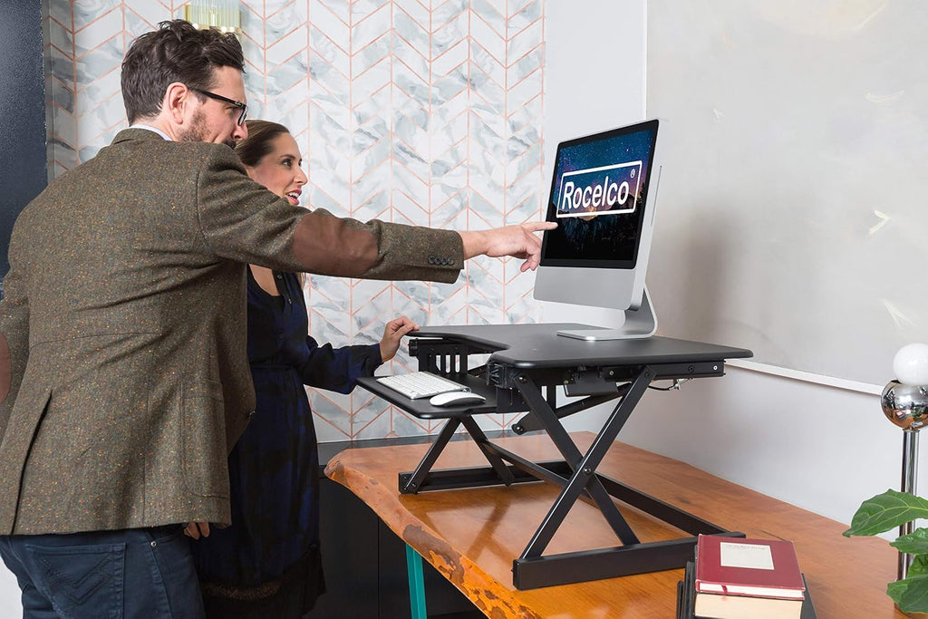 Rocelco 40' Large Height Adjustable Standing Desk Converter - Quick Sit Stand Up Dual Monitor Riser - Gas Spring Assist Computer Workstation - Retractable Keyboard Tray - Black (R DADRB-40)