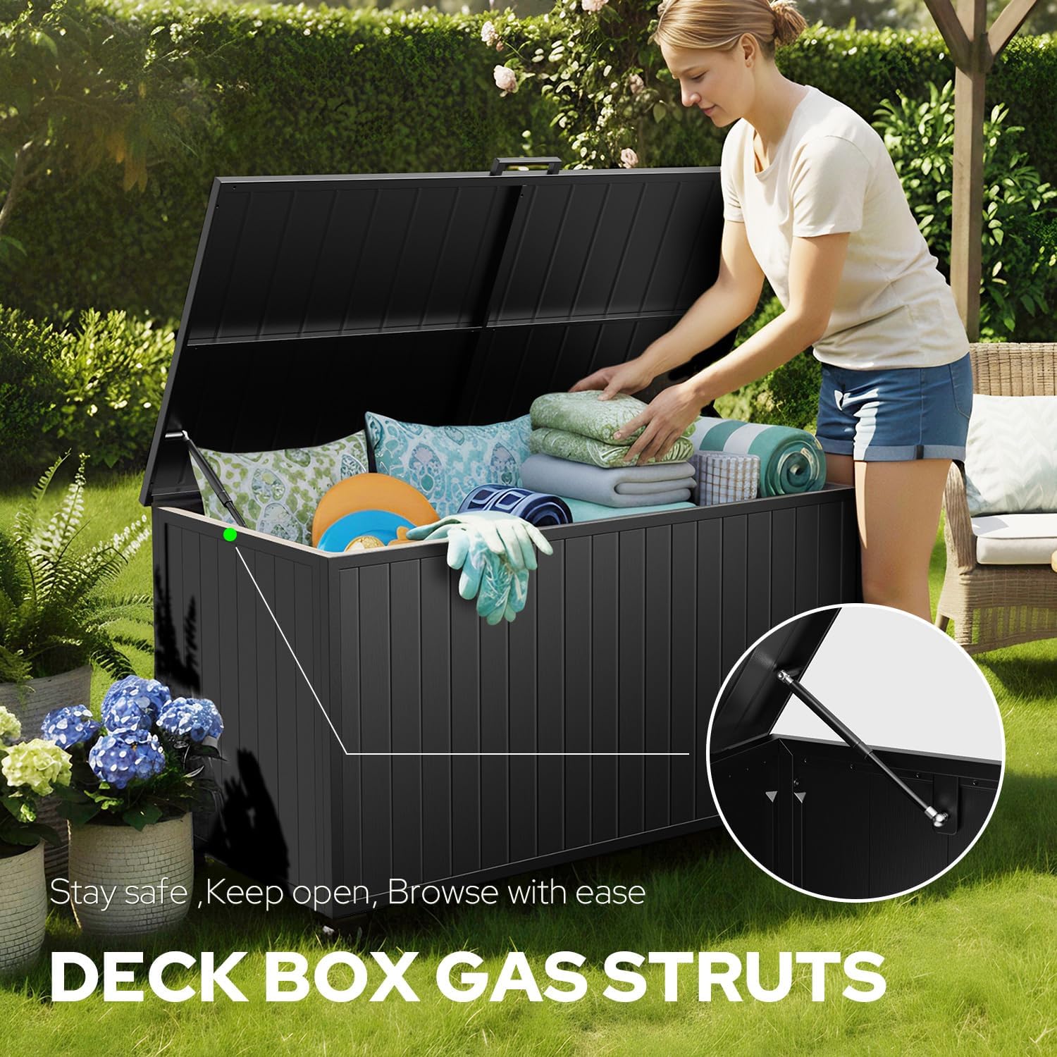 Outdoor Storage Box with Wheels 150 Gallon, Mobile Aluminum Deck Boxes Outdoor Waterproof, UV Resistant Patio Storage Box with Lid for Patio Furniture, Garden Tools, Outdoor Cushion(Blank)