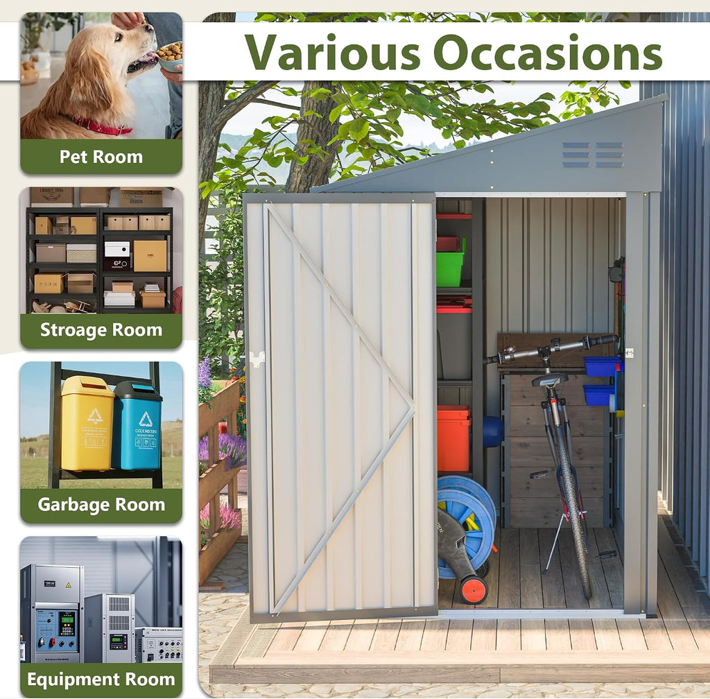 4 × 7 FT Lean to Storage Shed, Outdoor Metal Wall Side Bike Mower Sheds & Outdoor Storage Cabinet, Lockable Tool Organization Shed for Garden Patio
