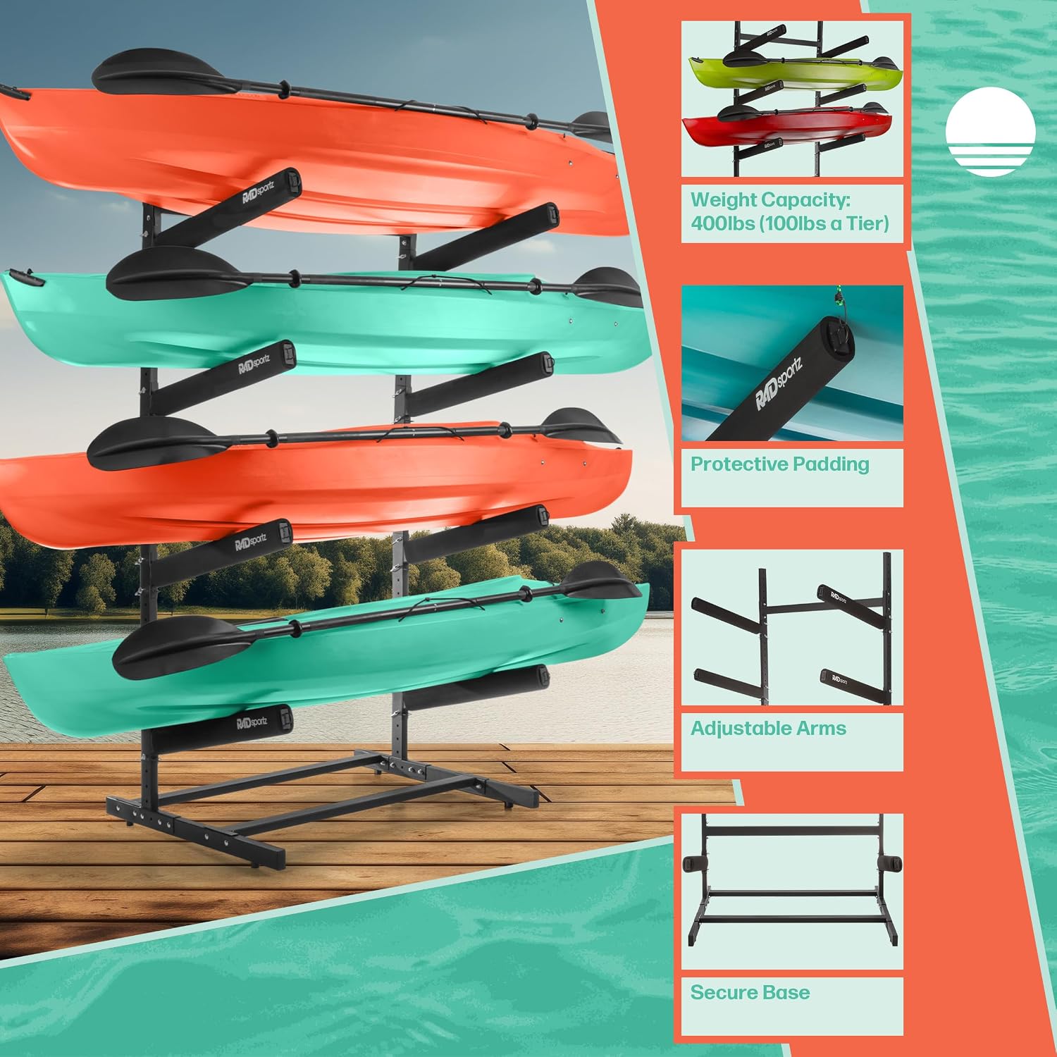 RAD Sportz Freestanding Kayak Storage Rack – Heavy Duty Adjustable Multi-Level Stand with Padded Arms for Kayaks, Canoes & Paddleboards (2, 3 or 4 Tier, Indoor/Outdoor Garage Organizer)