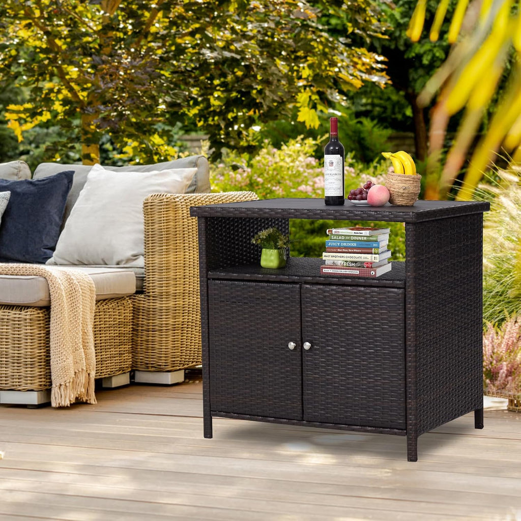 Outdoor Wicker Storage Cabinet - Patio Bar Table with Storage and Doors, Rattan Console Table Buffet Cabinet, Outdoor Storage Unit for Patio, Pool, Garden, Indoor, Kitchen, Dark Brown