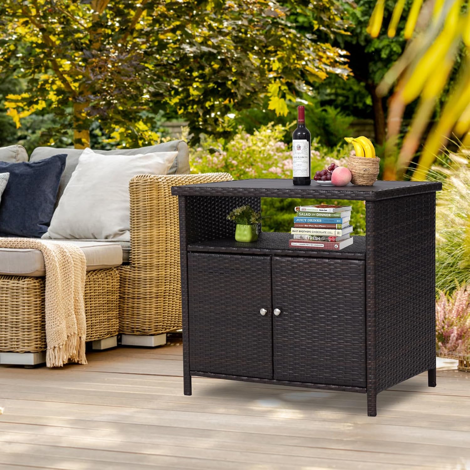 Outdoor Wicker Storage Cabinet - Patio Bar Table with Storage and Doors, Rattan Console Table Buffet Cabinet, Outdoor Storage Unit for Patio, Pool, Garden, Indoor, Kitchen, Dark Brown