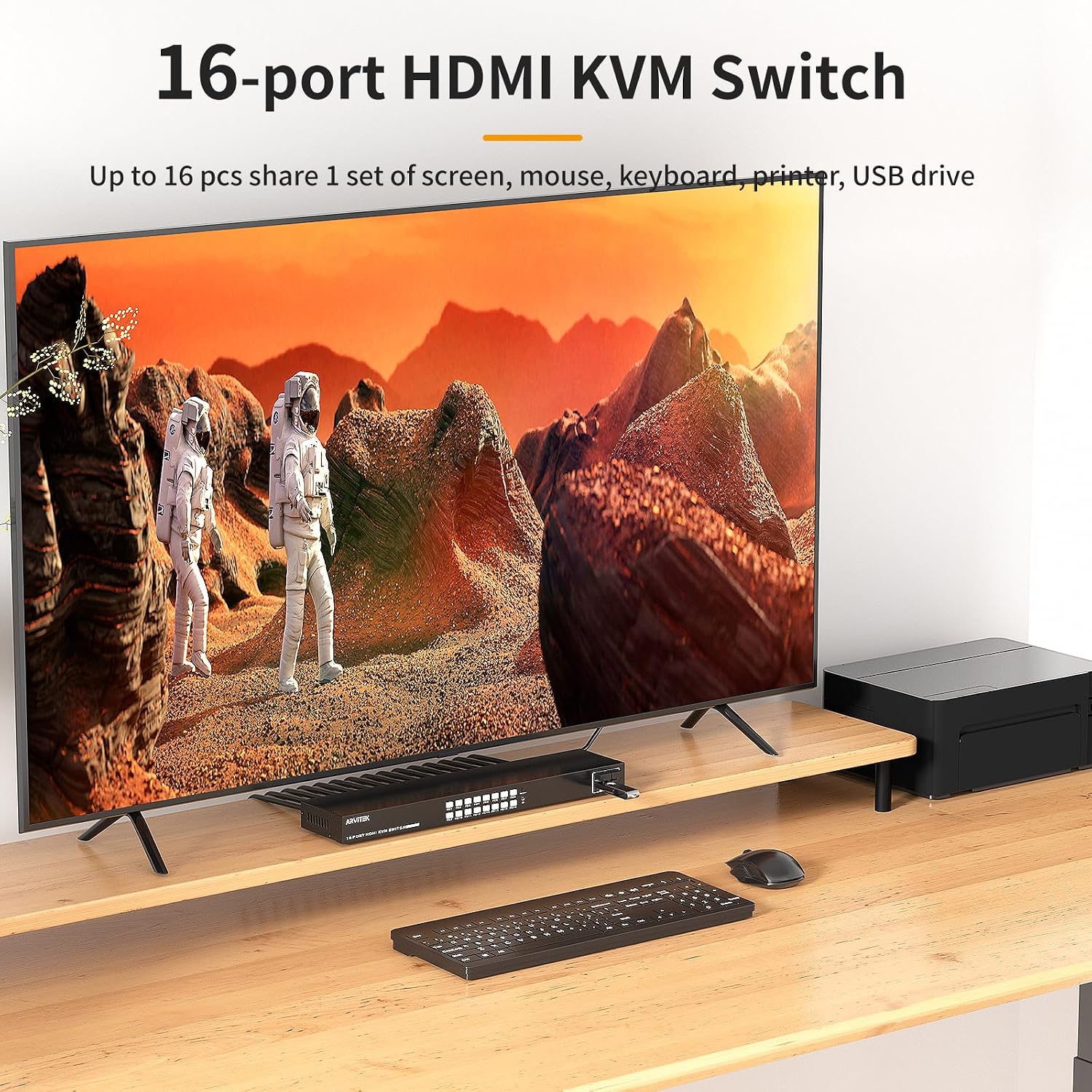 16 Ports KVM Switch HDMI, 16 in 1 Out Rack Mount KVM 4K@30Hz with 4 USB 2.0 Ports, 16 Computers Share 1 Set of Monitor, Keyboard, Mouse, Included 16 HDMI Cables + 16 USB-B Cables + IR Remote