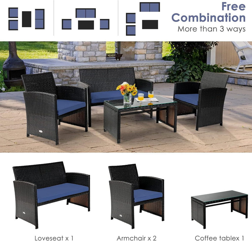Tangkula 4 Pieces Rattan Furniture Set, Outdoor Conversation Set w/Chair & Loveseat & Tempered Glass Coffee Table, Suitable for Garden, Backyard, Poolside, Patio Furniture Set for 4 (1, Blue)