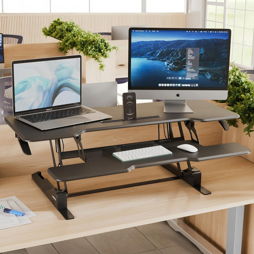 Mount-It! 47' Standing Desk Converter, XL Desktop Sit-Stand Desk Riser with Gas Spring Height Adjustment, Wide Desk Topper for Dual Monitors or Monitor & Laptop, Keyboard Tray, Black