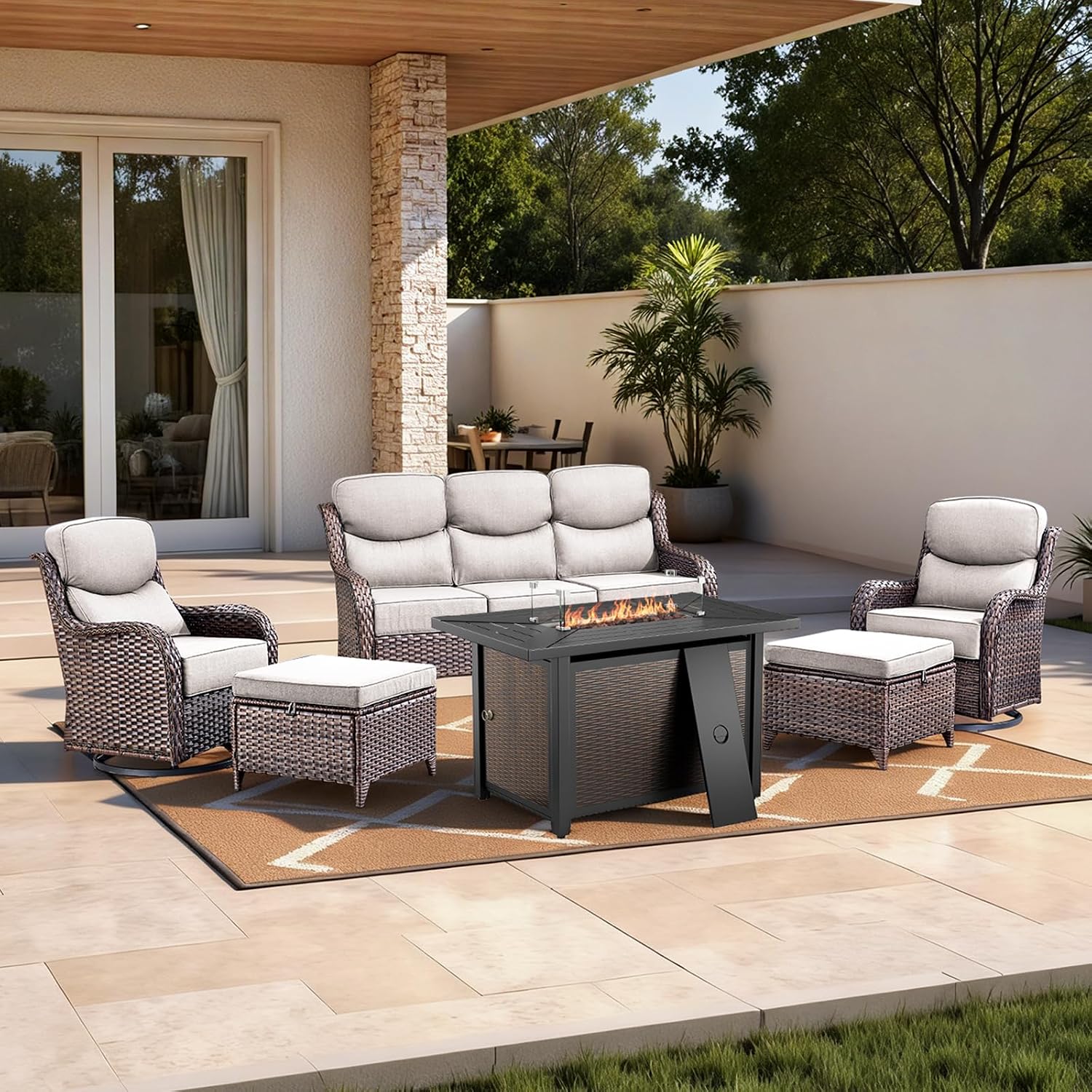 HUMMUH 6 Pieces Patio Furniture Set with Fire Pit High Back Outdoor Furniture Set 6-inch Cushions Wicker Patio Swivel Rocker Chairs for Balcony Garden,Lawn,Deck