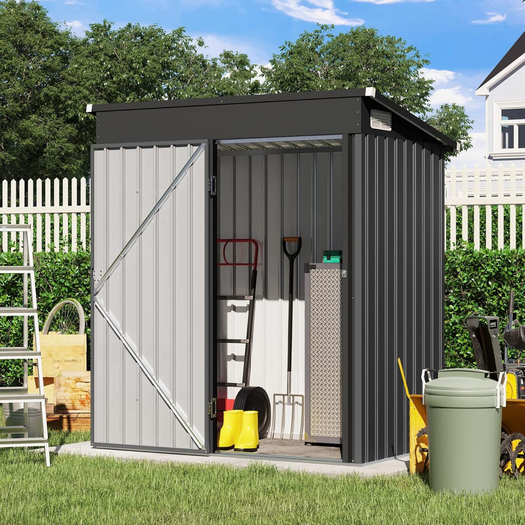 Verano Garden 5'x3' Outdoor Storage Shed, Galvanized Metal Steel Garden Shed W/Lockable Door, Small Waterproof Storage Shed for Backyard, Patio, Lawn (55.31' x 30.12', Black)