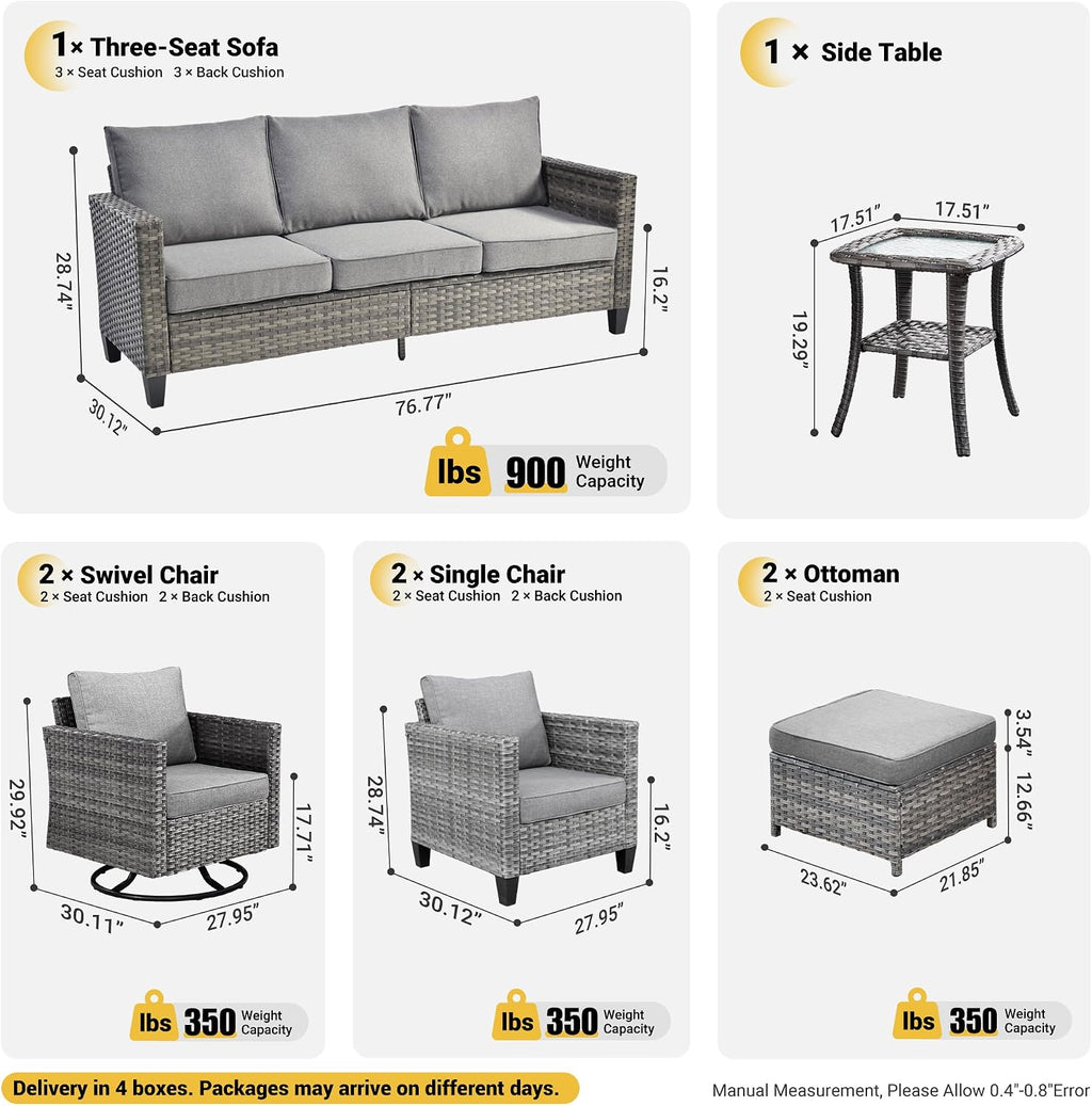 ovios 8 Pieces Patio Furniture Set, Outdoor Wicker Sofa Couch with Swivel Chairs, Rocking Glider Rocker with Comfy Cushions All Weather Rattan Conversation Set, Dark Grey